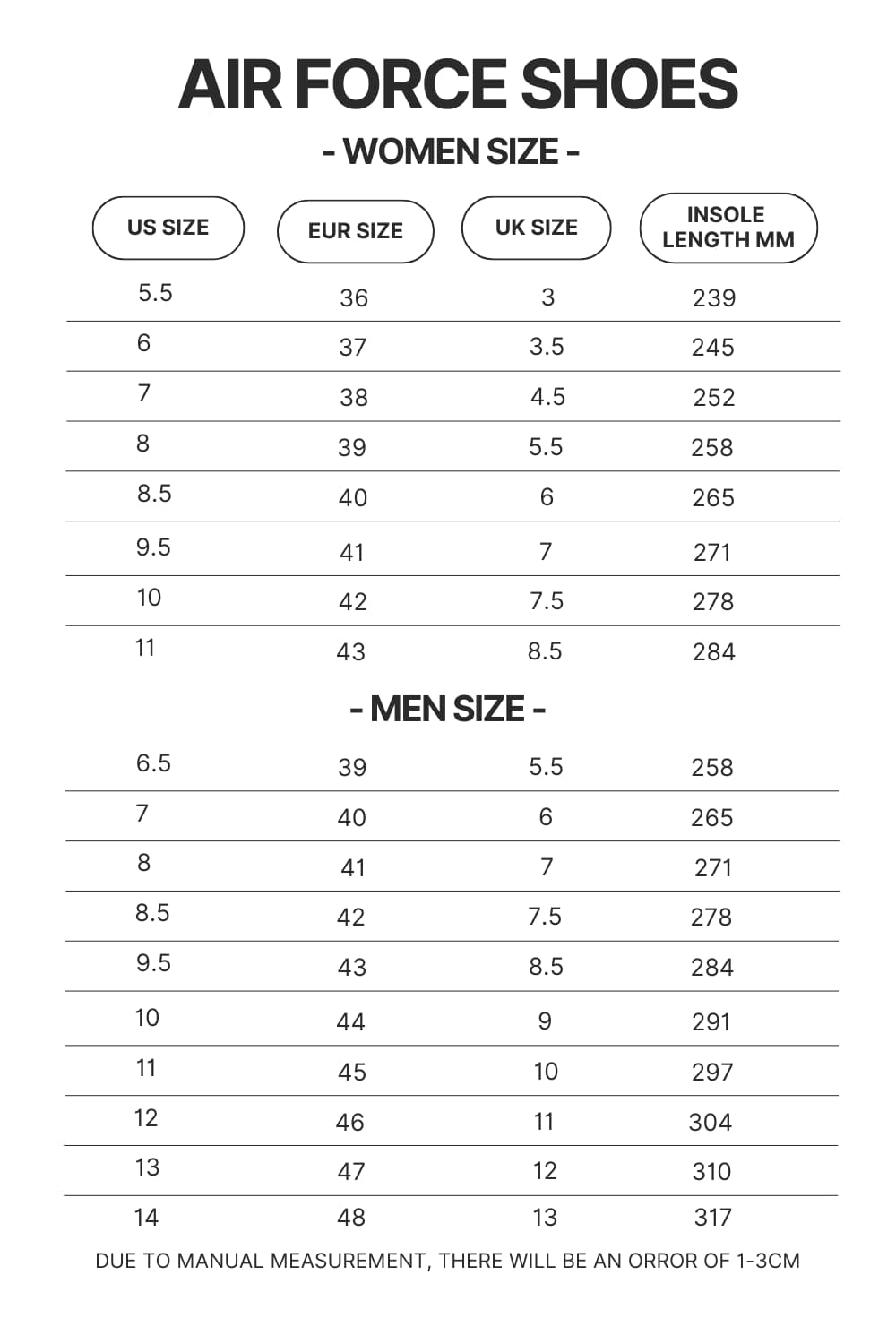 Air Force Shoes Size Chart - Sailor Moon EU Store