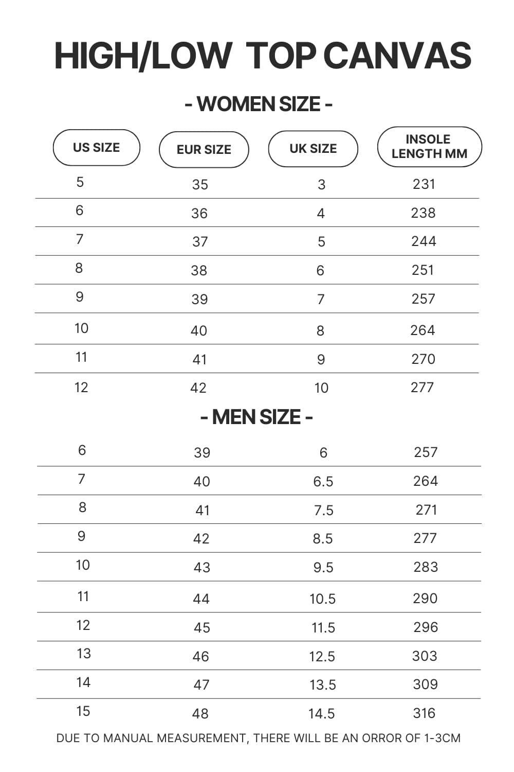 High Top Low Top Canvas Shoes Size Chart - Sailor Moon EU Store