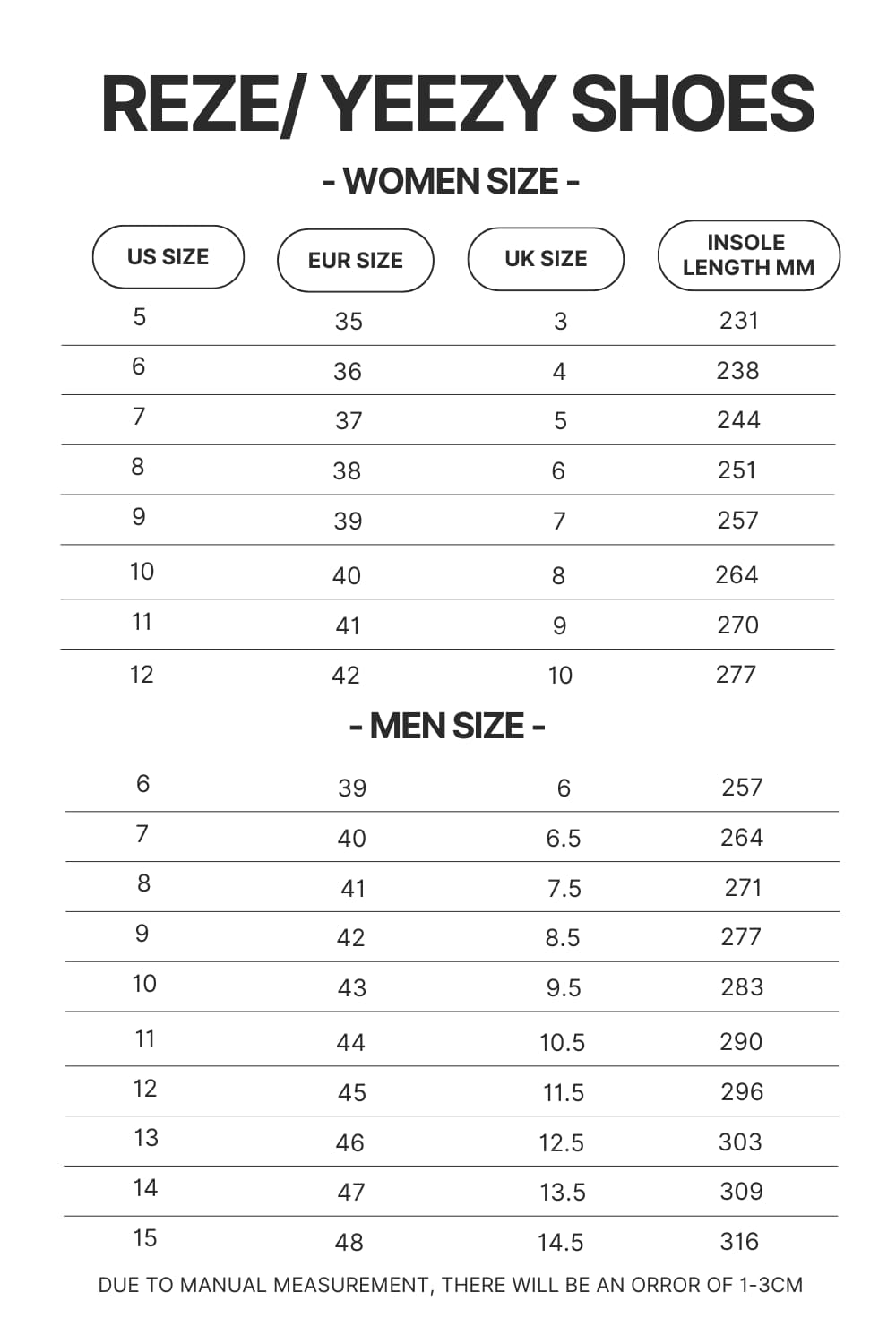 Reze Yeezy Shoes Size Chart - Sailor Moon EU Store