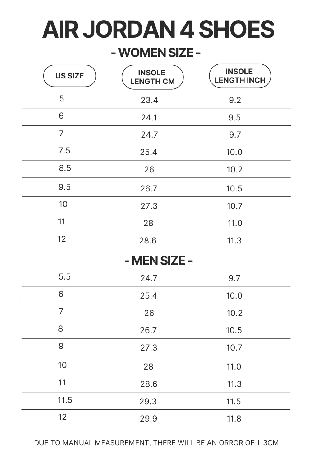 Air Jordan 4 Shoes Size Chart - Sailor Moon EU Store