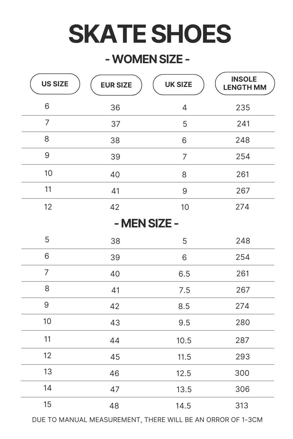 Skate Shoes Size Chart - Sailor Moon EU Store