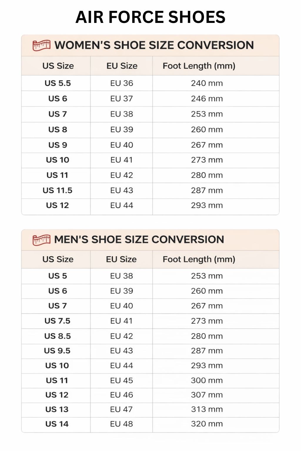 Air Force Shoes Size Chart 1 - Sailor Moon EU Store