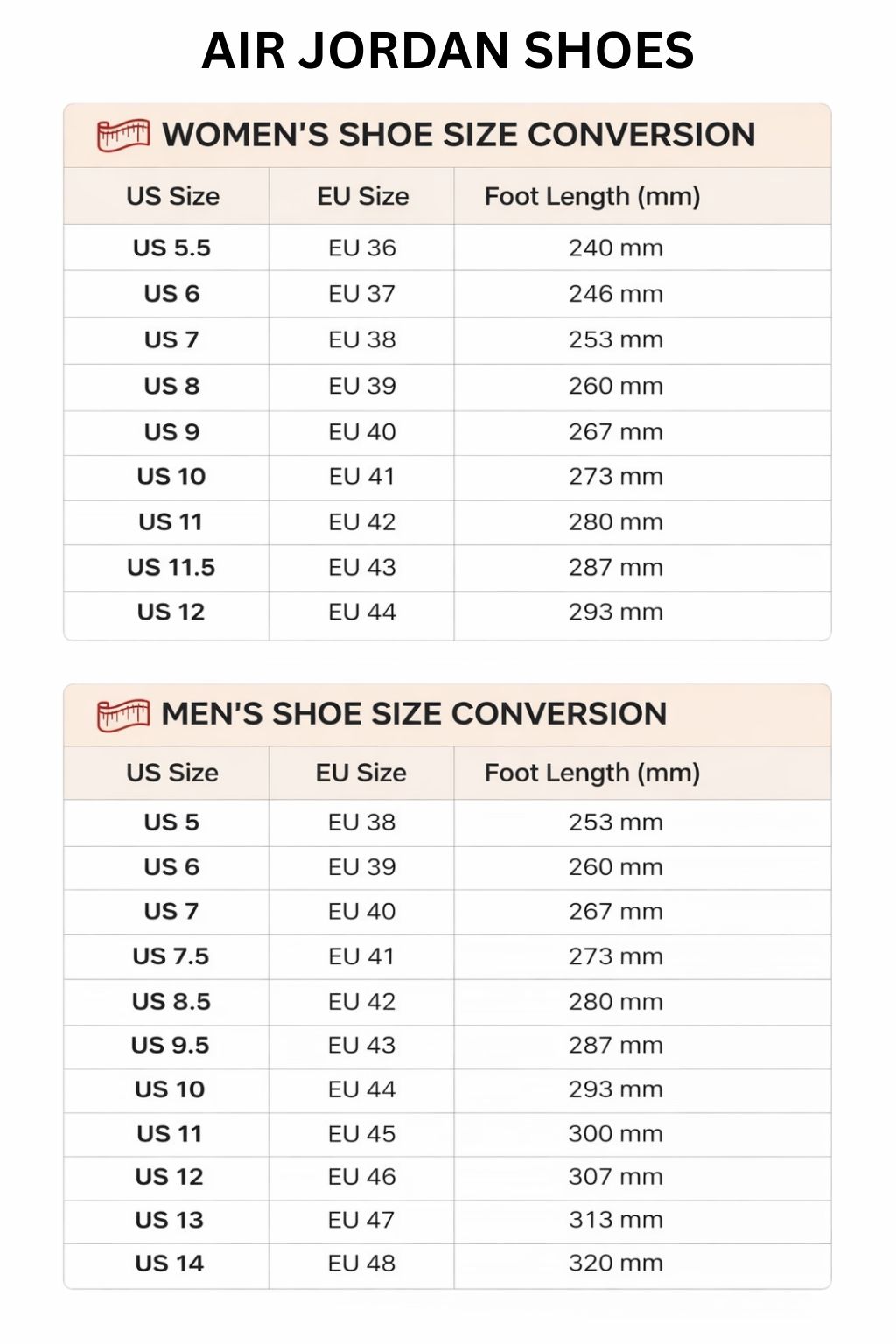 Air Jordan High Low Top Shoes Size Chart 2 - Sailor Moon EU Store
