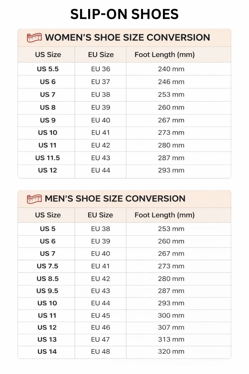 Slip On Shoes Size Chart 2 - Sailor Moon EU Store